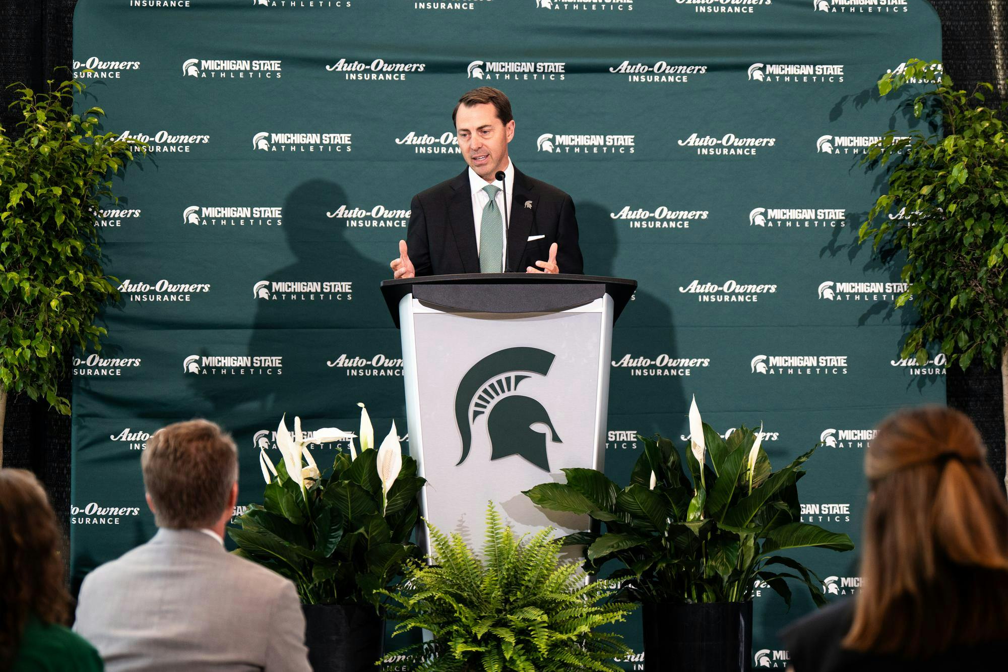 Michigan State University's new vice president and athletic director J. Batt speaks during his welcome ceremony in East Lansing, Michigan on June 4, 2025.
