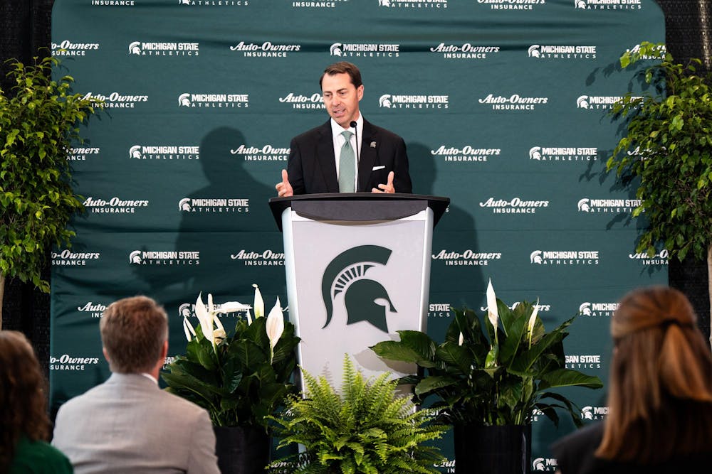 Michigan State University's new vice president and athletic director J. Batt speaks during his welcome ceremony in East Lansing, Michigan on June 4, 2025.