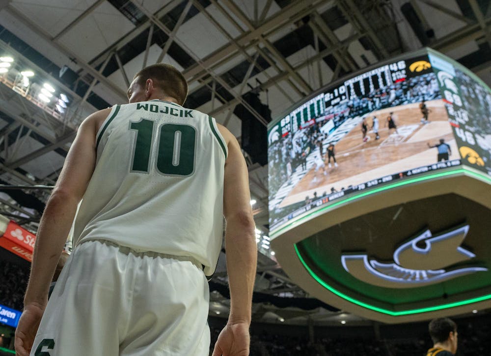 <p>Graduate student Denham Wojcik (10) stands on the baseline during the matchup against the University of Iowa at the Breslin Center on Dec. 2, 2025.</p>