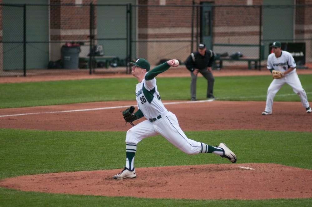 Left hand pitcher Cam Vieaux (36) pitches the ball during the game against Indiana on April 22, 2016 at McLane Baseball Stadium at Kobs Field. The Spartans were defeated by the Hoosiers, 3-2.