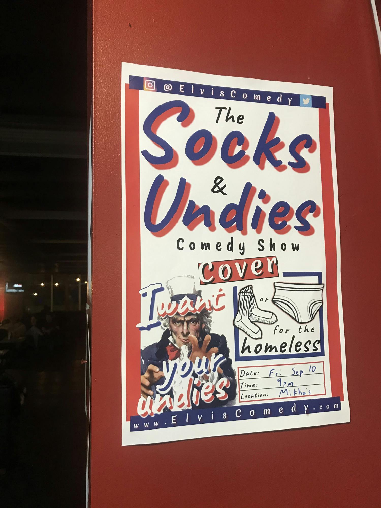 <p>A flier for the Socks &amp; Undies comedy show Sept. 10 at Mikho&#x27;s Lounge. Photographed by Raenu Charles. </p>