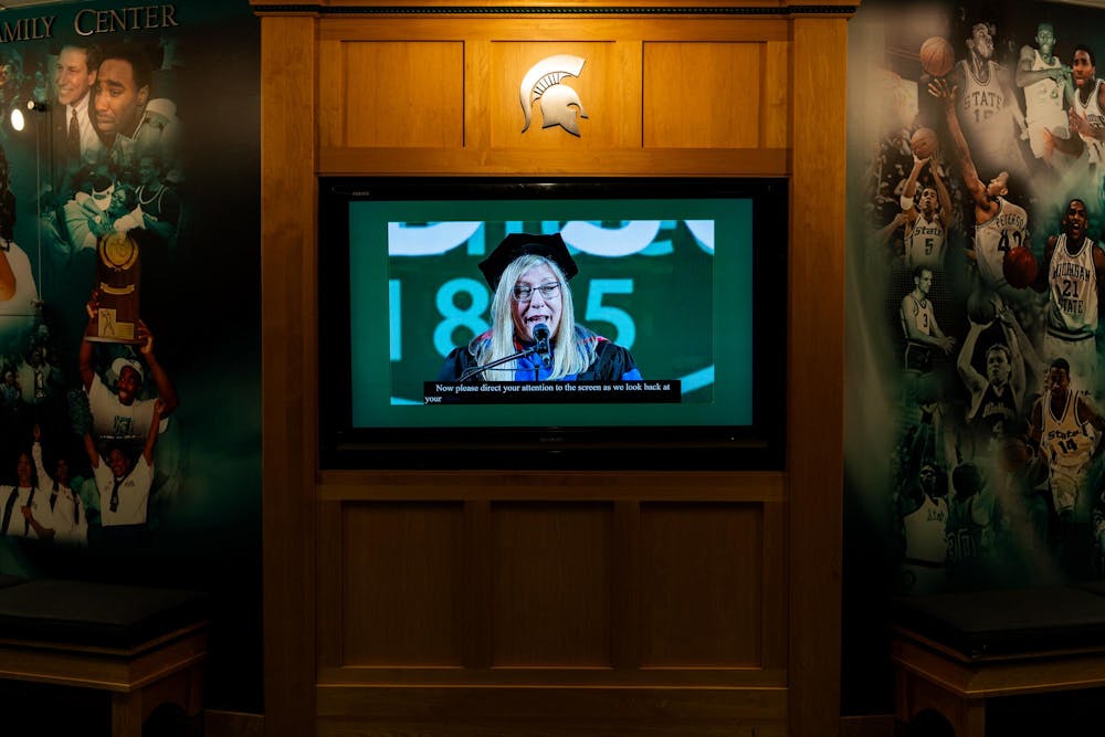Heidi Hennink-Kaminski, dean of the College of Communication Arts and Sciences, speaks during the Michigan State University College of Communication Arts and Sciences graduation ceremony at the Breslin Student Events Center on Michigan State University’s campus in East Lansing, Mich., on Friday, May 1, 2026.
