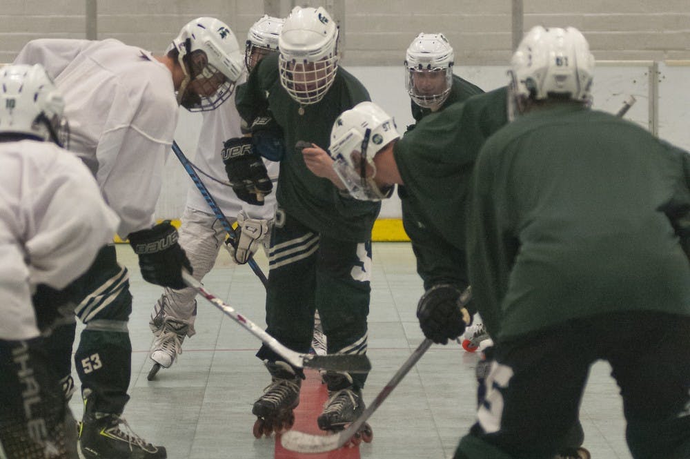 Members of the MSU Roller Hockey team prepare to face off during practice on Nov. 09, 2016 in Demonstration Hall.   