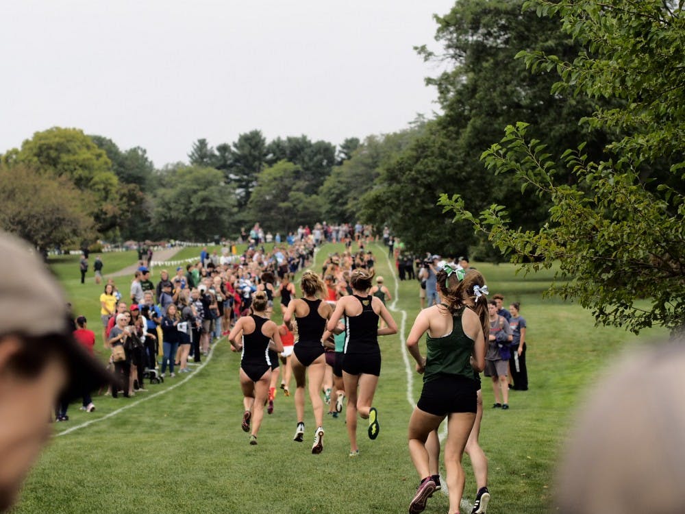 Runners in the women's 6000 meter race at the Spartan Invitational cross-country meet at Forest Akers Golf Course on September 13, 2019. MSU women's cross country took every spot in the top five. 