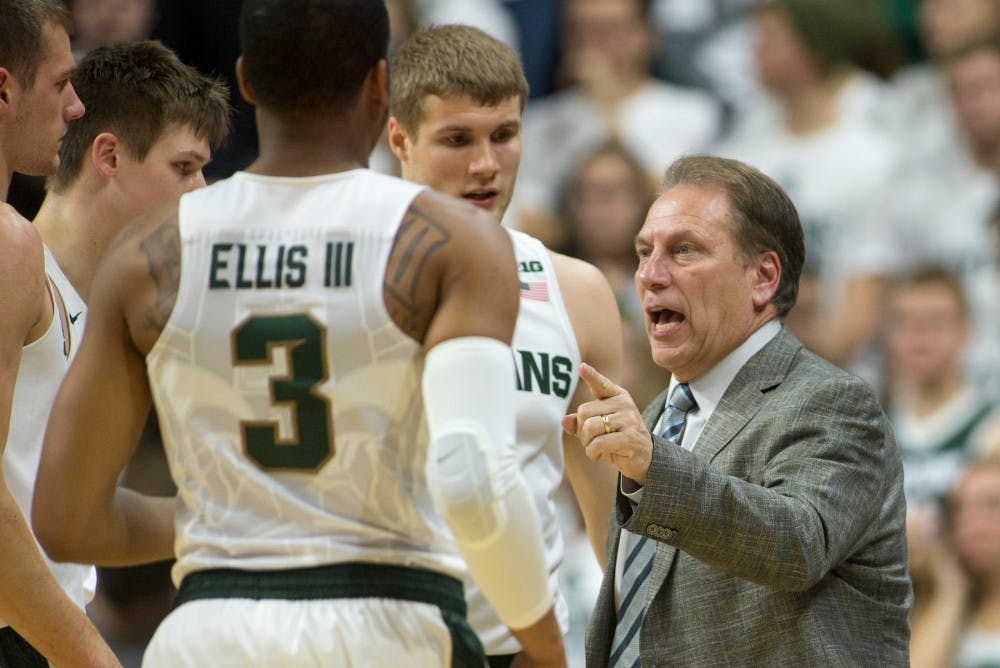 Head coach Tom Izzo talks to the team during the second half of the game against Eastern Michigan on Nov. 23, 2015 at Breslin Center. The Spartans defeated the Eagles, 89-65.