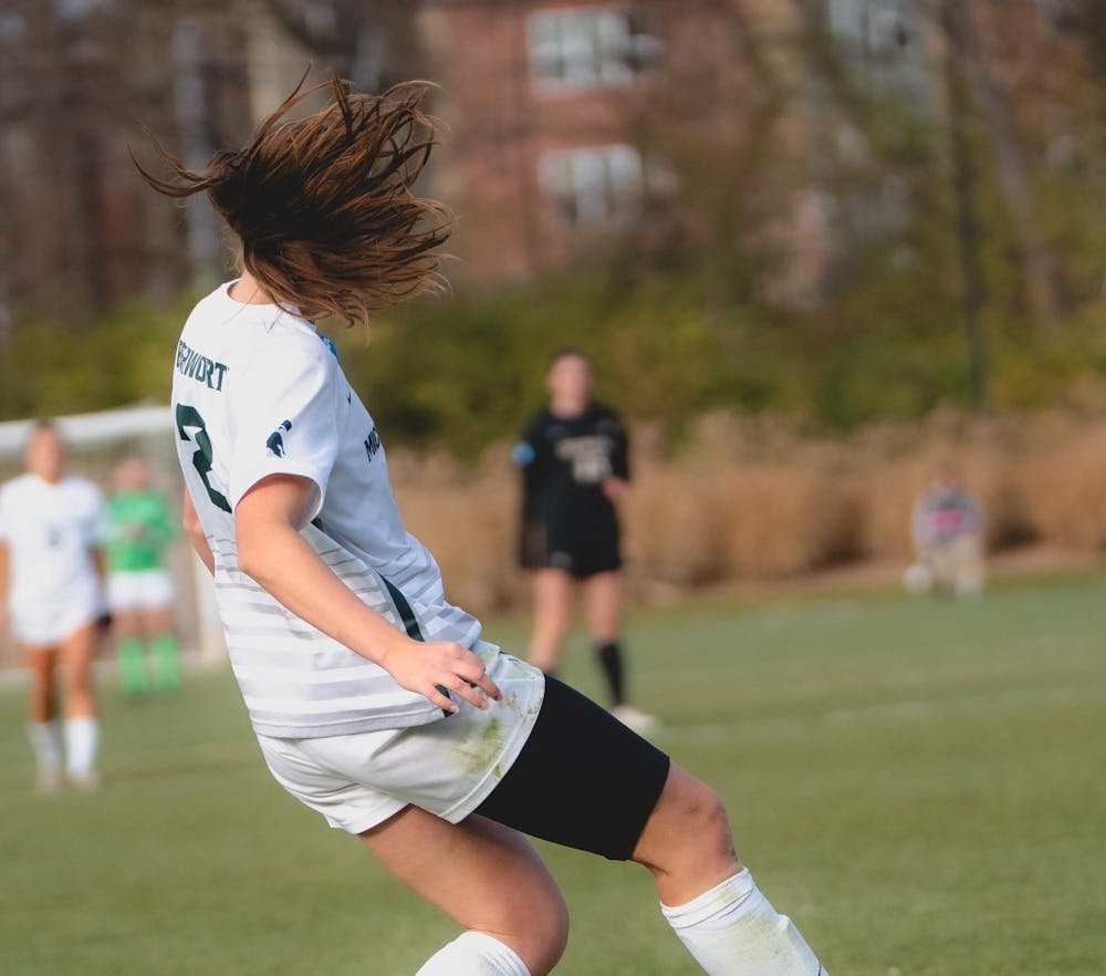 <p>MSU senior defender Sofia Beerworth (2) kicks the ball at the DeMartin Soccer Stadium in East Lansing, MI, on Nov. 23, 2025.</p>