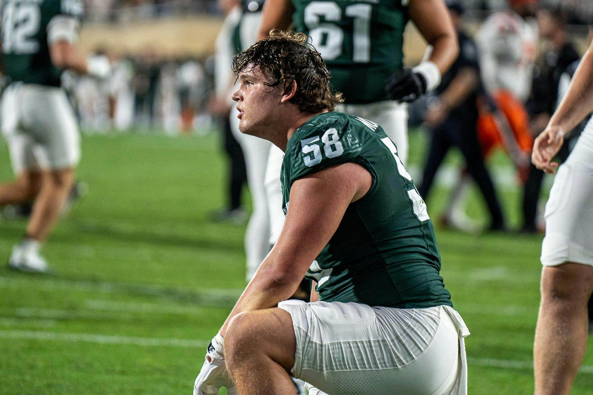 <p>Michigan State offensive lineman Conner Moore (58) looks at the final of the Michigan State vs. Illinois football game at Spartan Stadium in East Lansing, Mich., on Saturday, Oct. 10, 2026.</p>