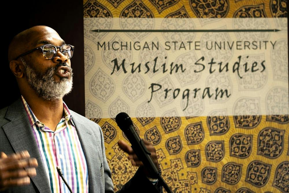 <p>Jabbar Bennett speaks to an audience during the 20th anniversary celebration of the Muslim Studies program inside the MSU International Center in East Lansing, Mich., on Friday, Sept. 18, 2026.</p>