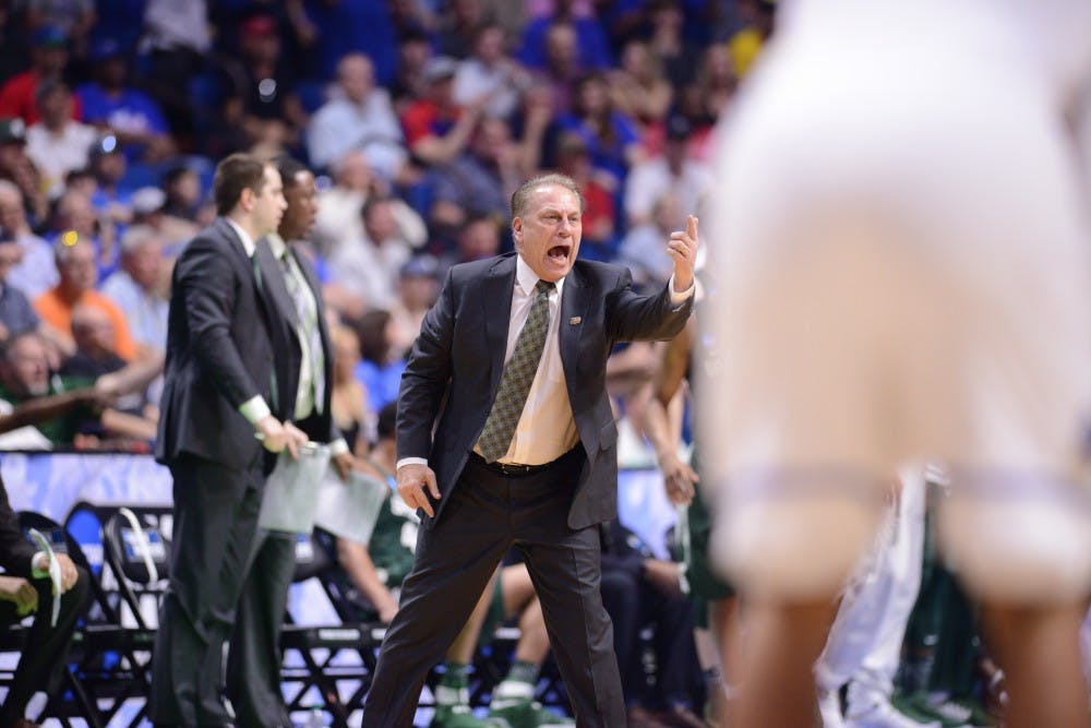 Michigan State coach Tom Izzo yells to his team during the first half of the game against University of Kansas in the second round of the Men's NCAA Tournament on March 19, 2017 at  at the BOK Center in Tulsa, Okla.The Spartans were defeated by the Jayhawks, 90-70.