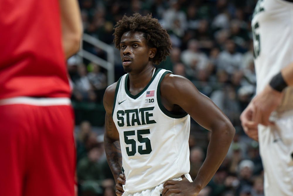 MSU forward Coen Carr stands on the free-throw line during the Spartans’ game against Detroit Mercy at the Breslin Center in East Lansing, Mich., on Friday, Nov. 21, 2025.