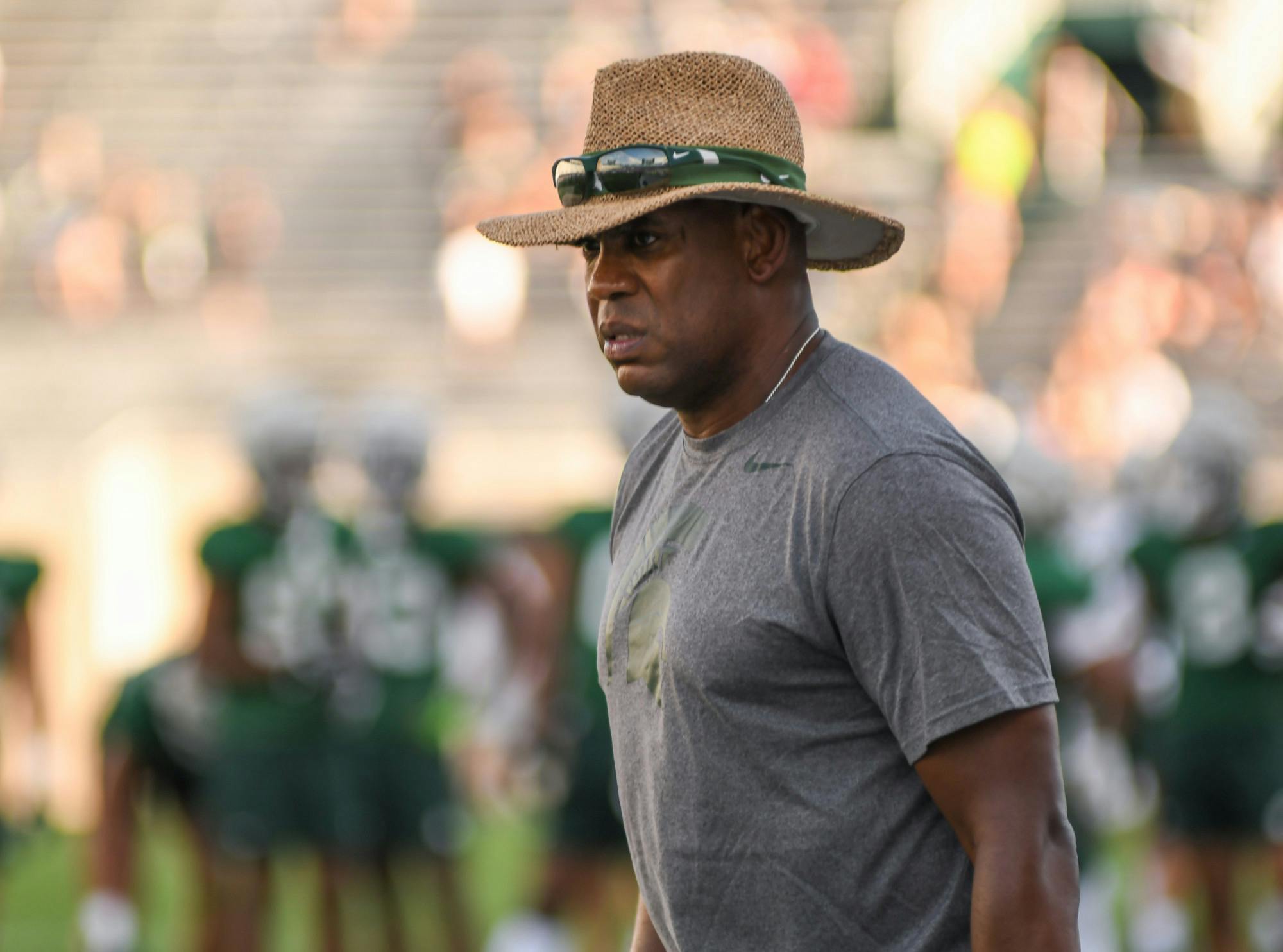 <p>Michigan State Head Coach Mel Tucker analyzes the field during the Meet the Spartans event.</p>
