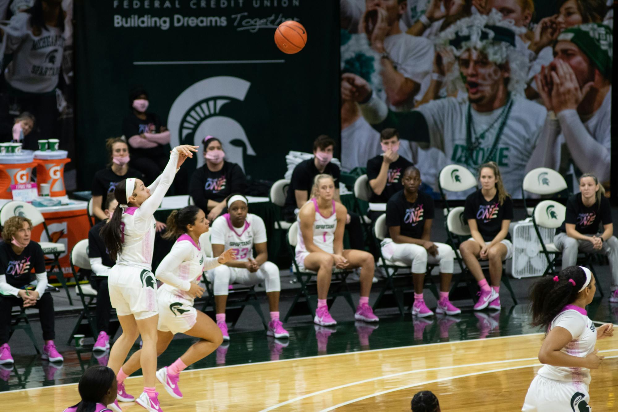 <p>Alyza Winston (3) shoots a 3-point shot in the Spartans&#x27; victory over Purdue on Feb. 21, 2021.</p>
