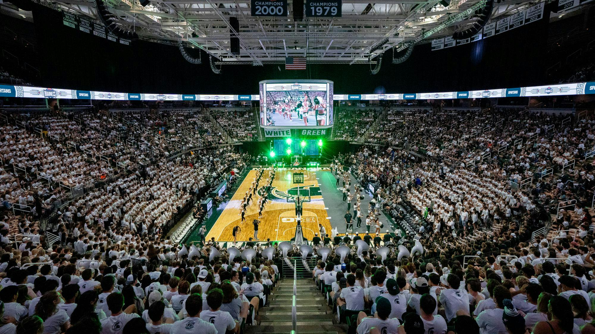 <p>MSU Dance and Cheer teams preform during the Midnight Madness event as a part of the Izzone campout festivities at Breslin Center in East Lansing, Mich., on Friday, Oct. 3, 2025.</p>
