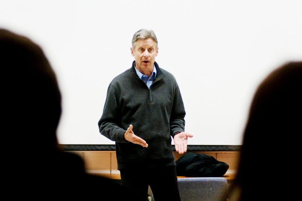 2012 Republican presidential candidate Gary Johnson speaks with a crowd of students Thursday in South Kedzie Hall. Johnson, who served as governor of New Mexico for eight years, was hosted by Young Americans for Liberty and MSU College Libertarians and hopes to win a presidential seat through his reputation for not raising taxes and vetoing bills. Matt Radick/The State News