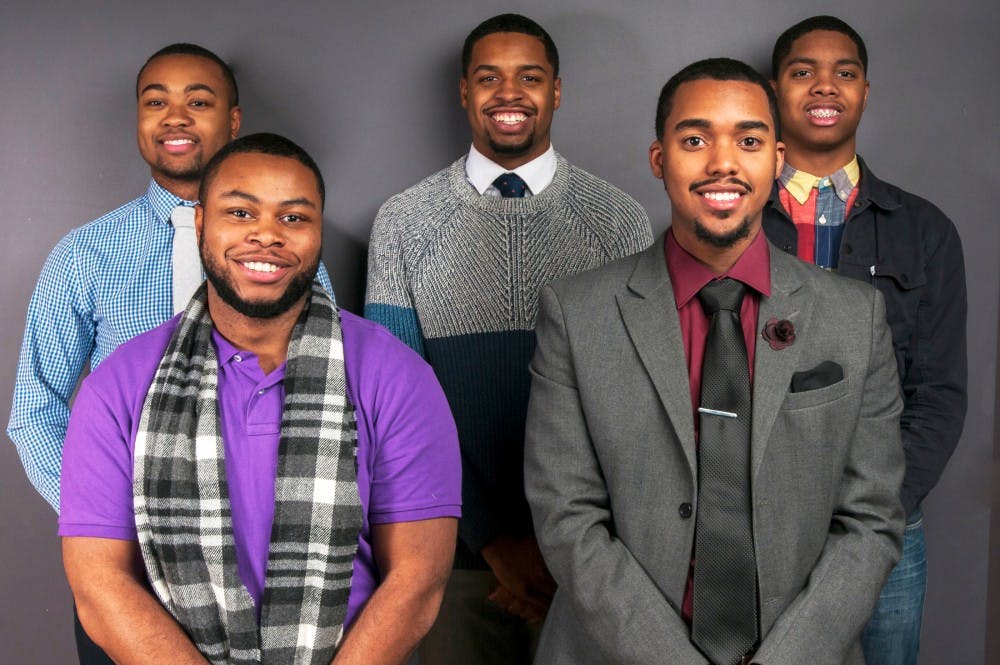 From left to right, Junior economics major Christopher Raxton, junior marketing major Nicholas Reeves, senior political theory and constitutional democracy major Terrance Warren, sophomore graphic design and ATD major Demarco Jackson, and sophomore Communications major Caleb Conley pose for a portrait on Jan. 13, 2017. Members of the gentleness club at Michigan State came in to discuss what MLK day meant to them.