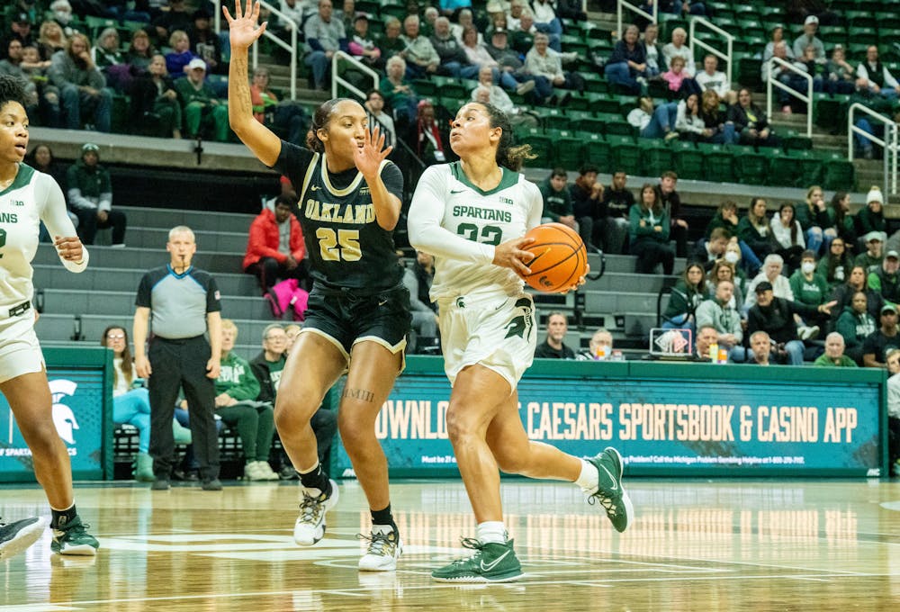 <p>Senior guard Moira Joiner (22) is about to shoot at a game at the Breslin Center on Nov. 15, 2022. The Spartans defeated the Grizzlies 85-39. </p>