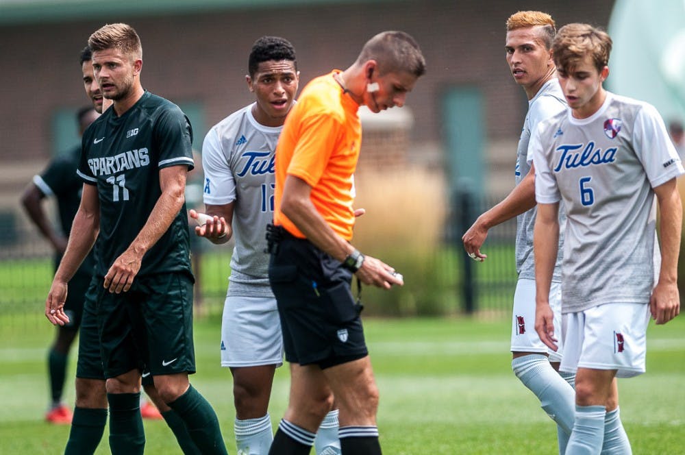 Tulsa defender Koray Easterling (12) reacts to a referees during the game against Tulsa on August 26, 2018 at DeMartin Stadium. The game ended in a draw between the Spartans and the Golden Hurricanes. 