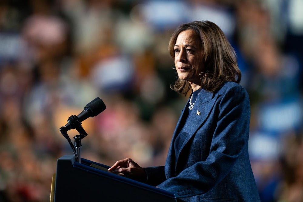 <p>Vice President Kamala Harris speaks at her presidential campaign rally on Michigan State University's campus in East Lansing, Michigan, on Nov. 3, 2024. Vice President Harris' rally at MSU demonstrates this election cycle's focus on young voters and battleground states like Michigan.</p>