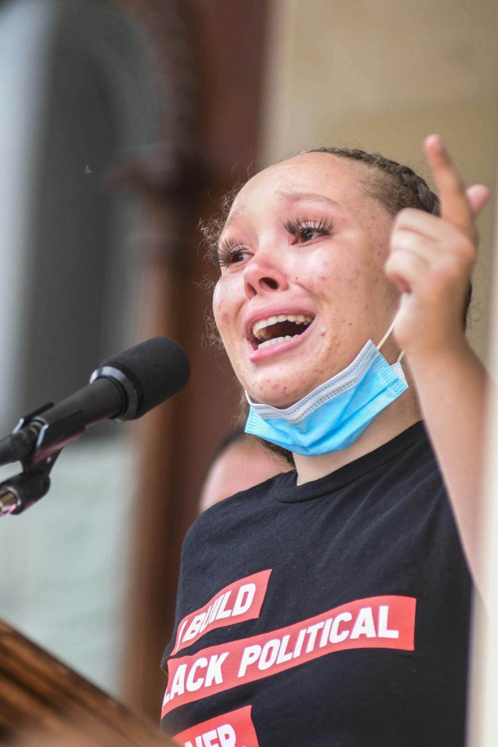 A protester speaks at the protest against police brutality at the Michigan State Capitol on June 10, 2020.