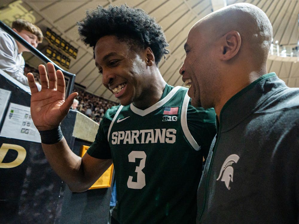 MSU freshmen forward Cam Ward (3) celebrates after defeating Purdue at Mackey Arena in West Lafayette, Indiana on Thursday, Feb. 26, 2026. MSU won 76-74.