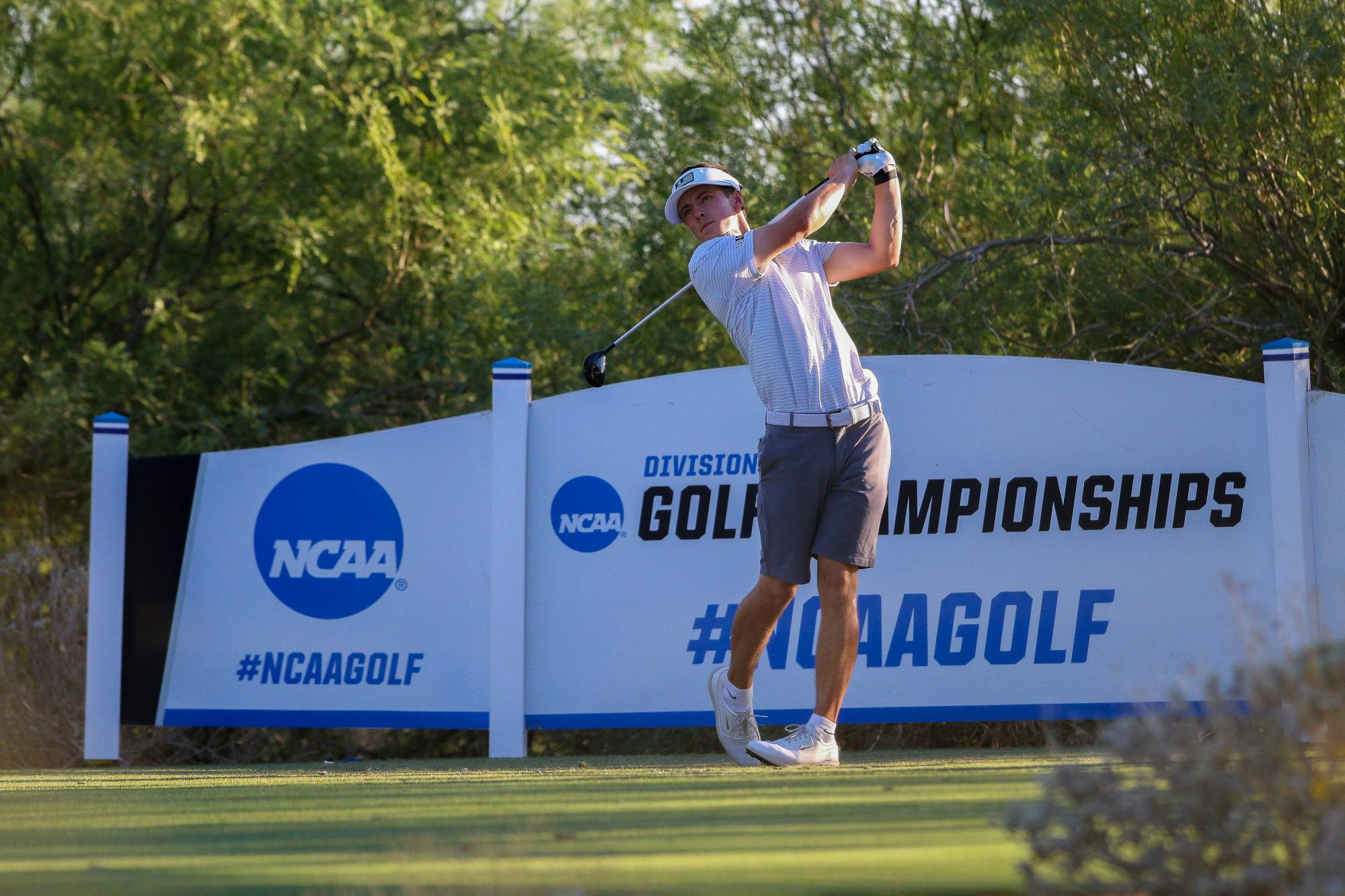 <p>James Piot tees off at the NCAA Championship at Grayhawk Golf Course in Scottsdale, Arizona. - Courtesy of Spartan Athletics </p>
