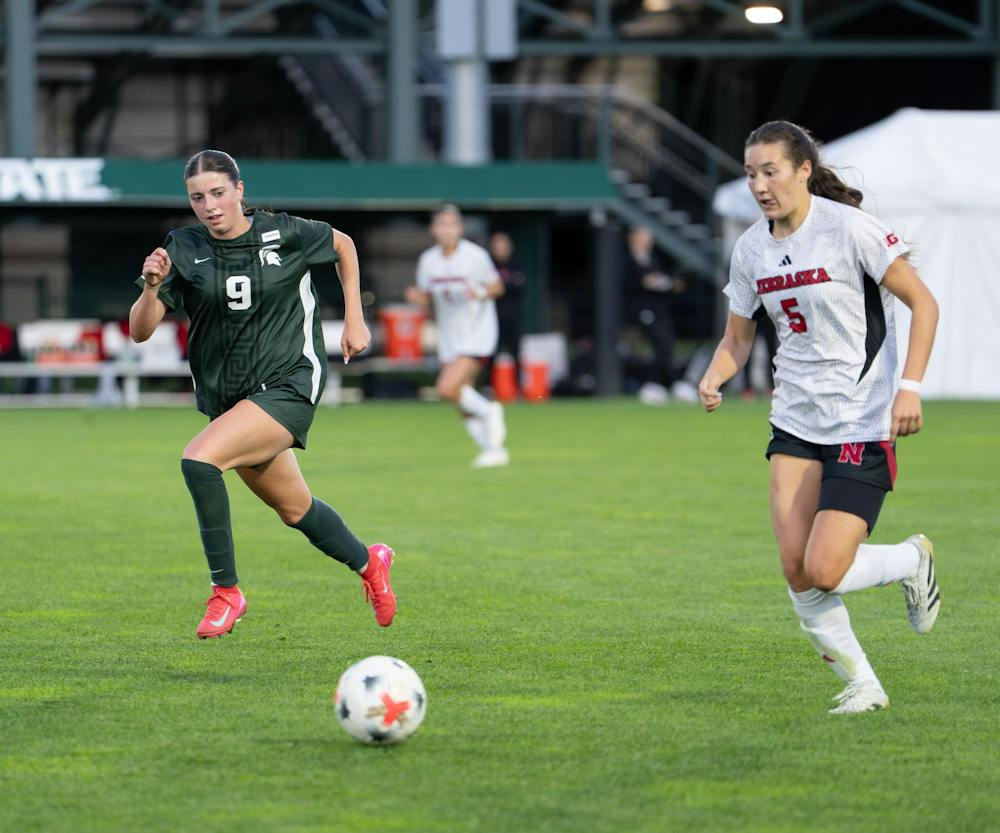 <p>Michigan State senior midfielder, Kayla Briggs (9) sprints to catch up to Nebraska senior midfielder Ella Guyott (5) dribbling the ball up the field at DeMartin Stadium in East Lansing, Mich., on Thursday, Sept. 24, 2026.</p>