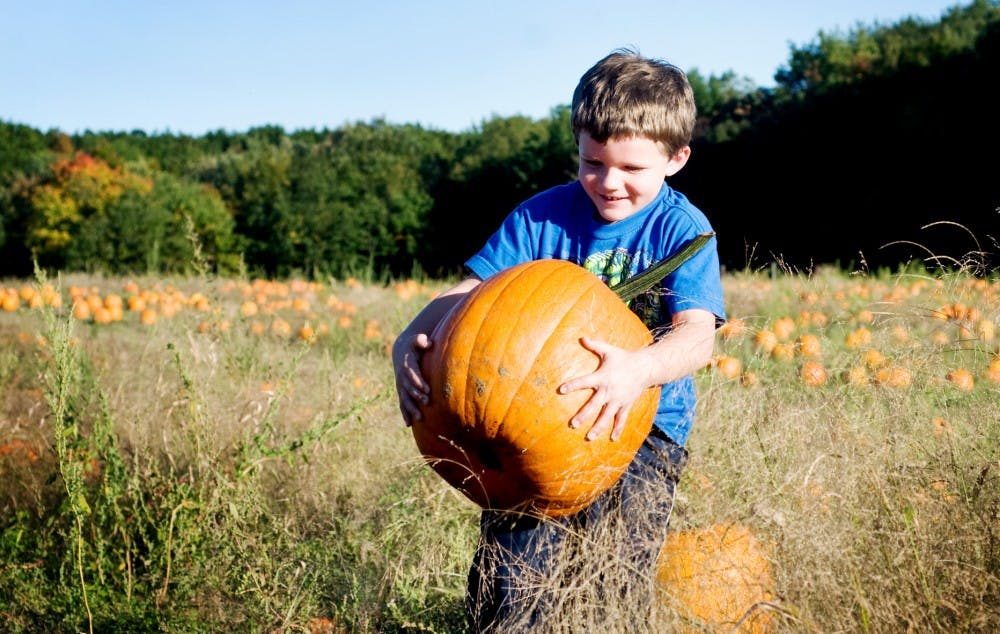 East Lansing resident Evan Zarka, 6, struggles with a heavy pumpkin Monday at Uncle John's Cider Mill, 8614 North US 127 in St. John's, Mich. Zarka's parents took him and his sister to pick pumpkins for Halloween. Matt Radick/The State News