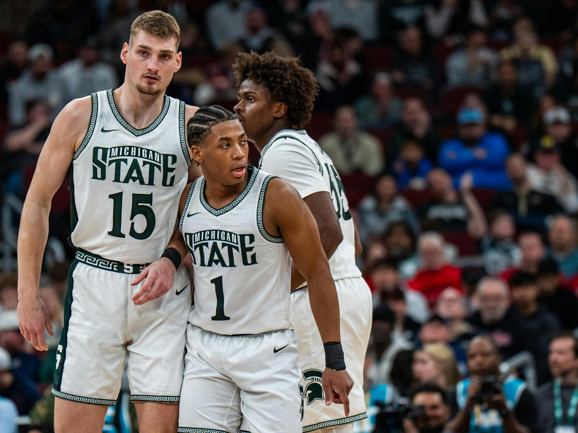 The Michigan State Spartans face off against the UCLA Bruins inside the United Center in Chicago, Illinois, on Friday, March 13, 2026. MSU lost to UCLA in Game 14 of the Big Ten Basketball Tournament, 88-84. 