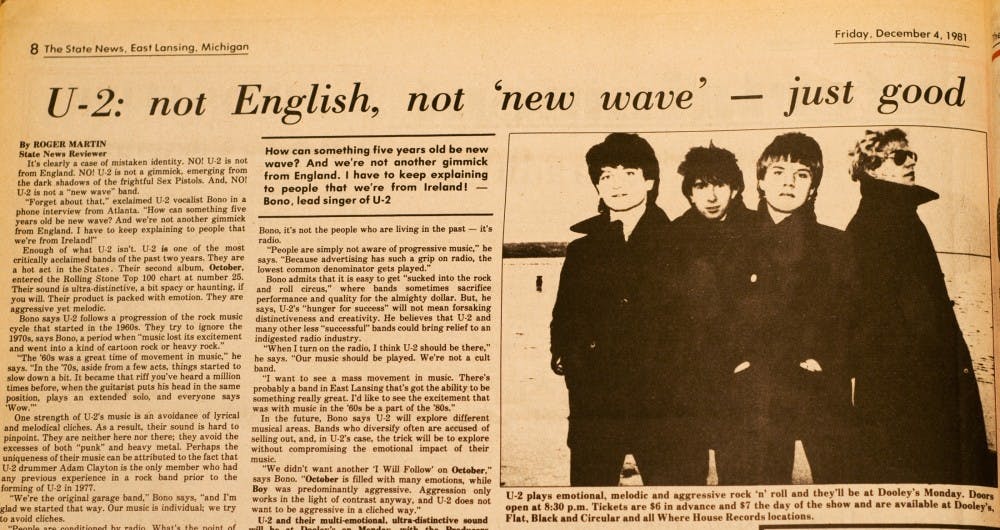 	<p>An archived edition of the State News previews U2&#8217;s first East Lansing appearance on December 7, 1981. U2 has not returned to East Lansing since that day, but will bring their show to Spartan Stadium on Sunday.</p>