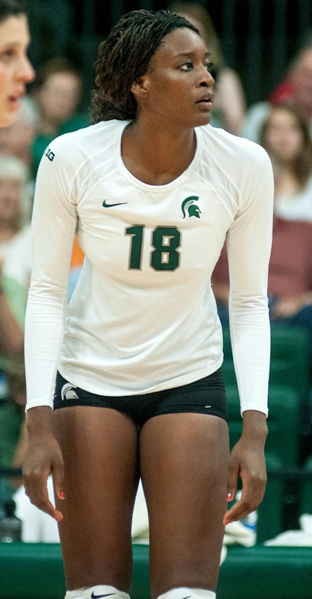 Junior middleblocker Alexis Mathews at the game on Friday, Sept. 7, 2012 at Jenison Field House. MSU defeated IPFW, 3-2. Justin Wan/The State News