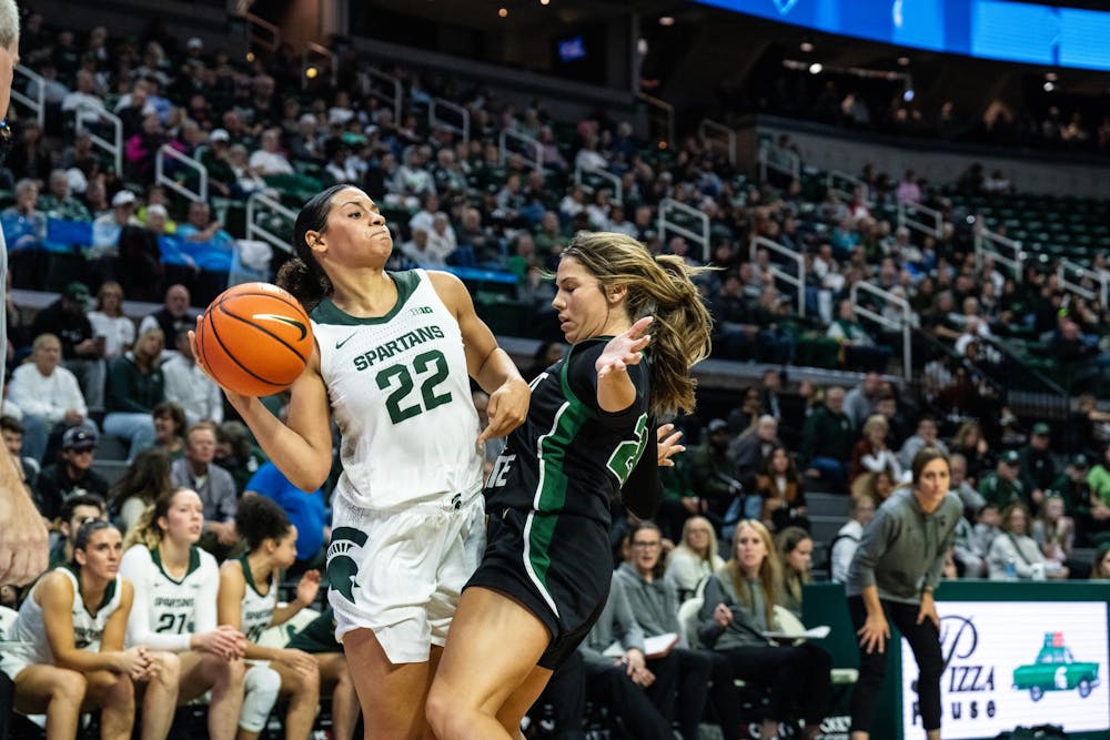 <p>Michigan State University graduate student guard Moira Joiner (22) making a pass for the game against Wright State University at the Breslin Center on Nov. 12, 2023. </p>
