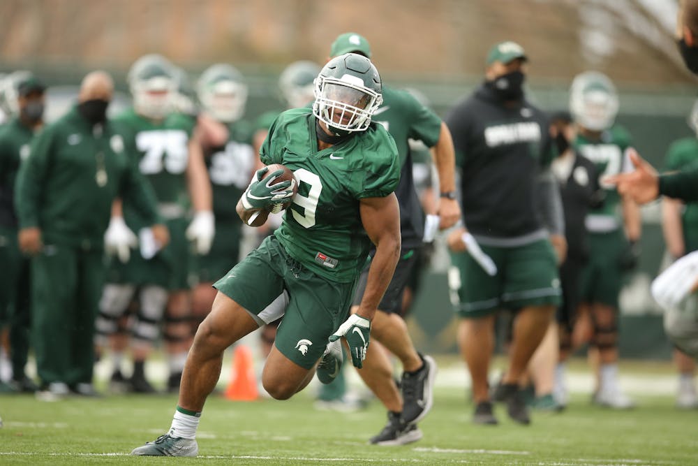 Wake Forest transfer and running back Kenneth Walker participates in a drill during spring practice. (Courtesy: MSU Athletic Communications)