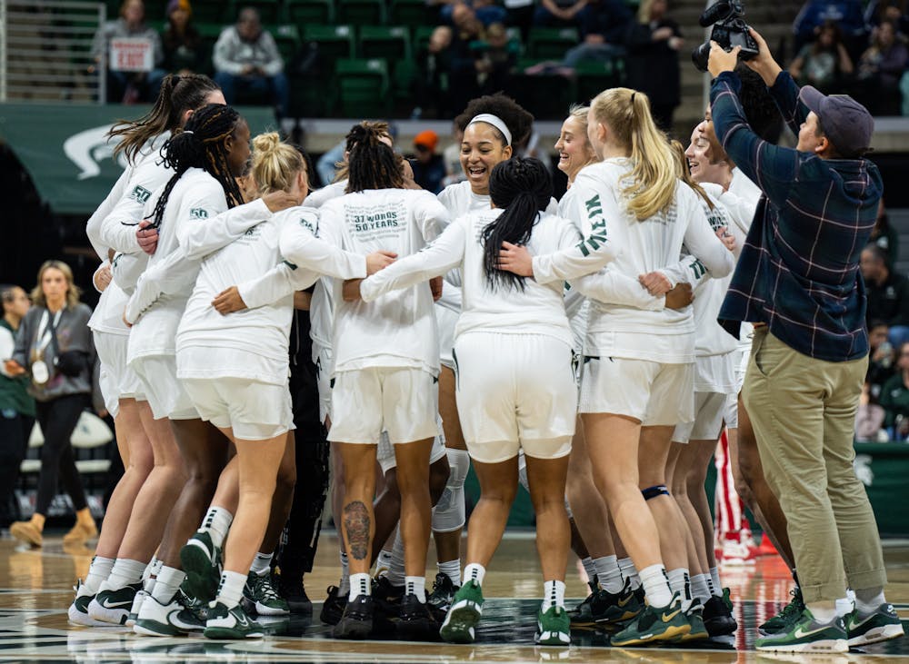 <p>The Spartans cheer together before their game against the Indiana Hoosiers. The Spartans defeated the Hoosiers 83-78 on Dec. 29, 2022.</p>
