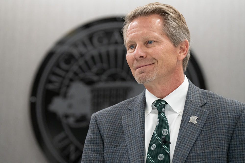 Michigan State University President Kevin Guskiewicz answers media questions after the Oct. 25, 2024 Board of Trustees meeting at the Hannah Administration building.