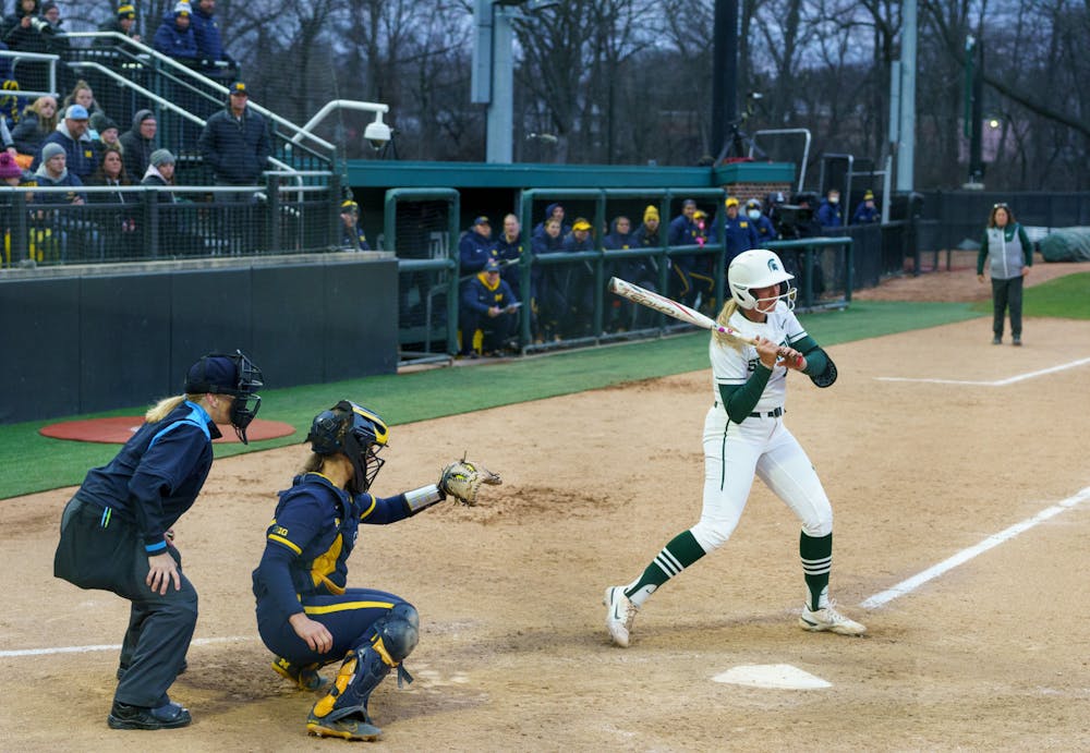 <p>Michigan State freshman Kayleigh Roper (93) strikes out bringing the game to a close with Michigan being victorious. Michigan State lost 3-0 to Michigan at the Secchia Stadium, on April 19, 2022.</p>