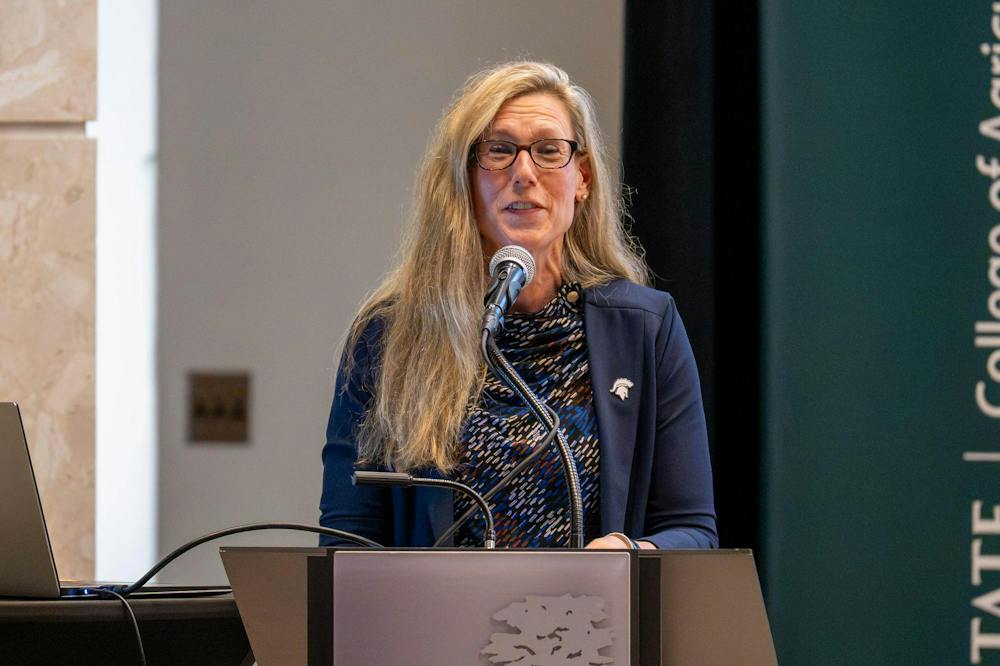 <p>Michigan State provost Laura Lee McIntyre speaks ahead of former U.S. Sen. Debbie Stabenow during the Stuckman Lecture Series at the Kellogg Center in East Lansing, Mich., on Wednesday, Sept. 23, 2026.</p>
