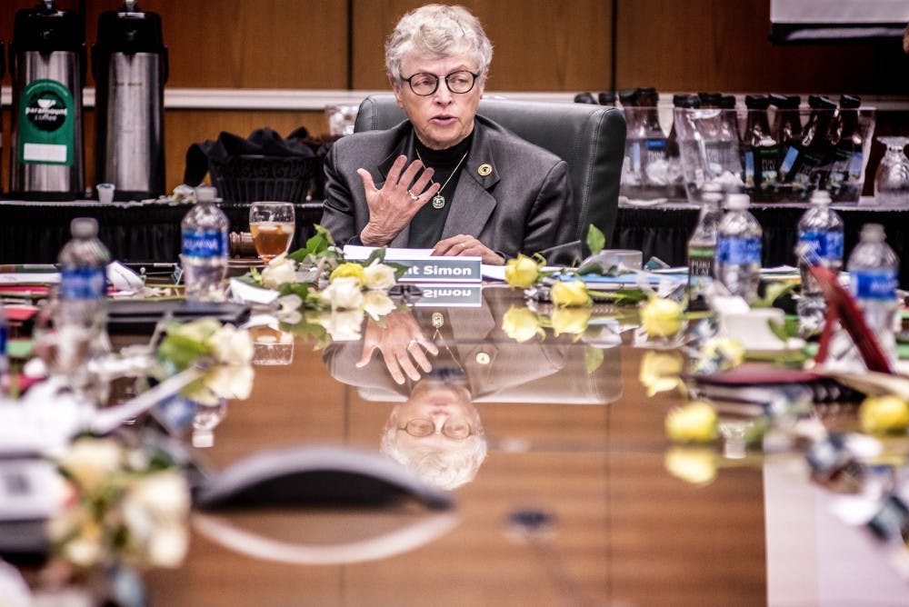 President Lou Anna K. Simon speaks as the MSU Board of Trustees meet on Sept. 8, 2017 at Hannah Administration Building. The next meeting will be on Oct. 27. 