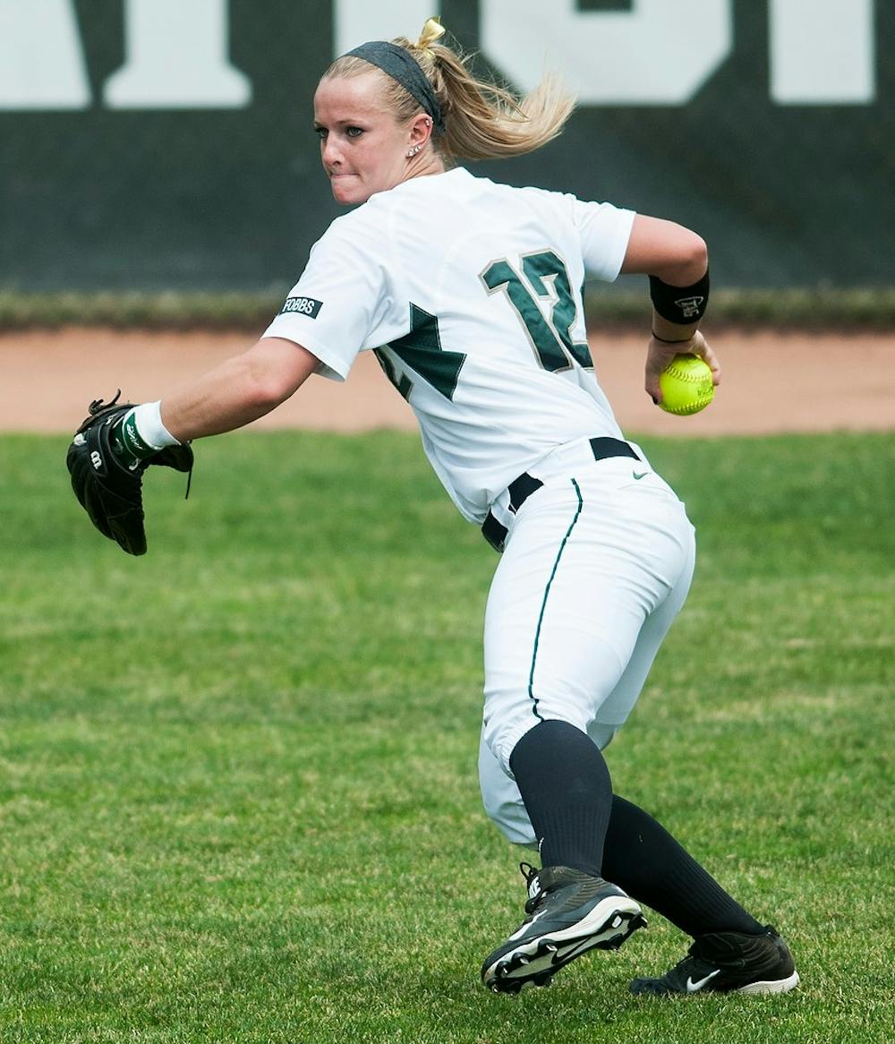 <p>Junior right fielder Carly Nielsen prepares to throw the ball back into the infield during the game against Michigan on April 13, 2014, at Secchia Stadium at Old College Field. The Spartans were shut out by the Wolverines, 14-0. Danyelle Morrow/The State News</p>