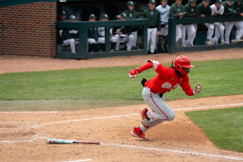<p>Ohio State junior outfielder Reggie Bussey (4) runs to first base at McLane Stadium on April 19, 2025. </p>