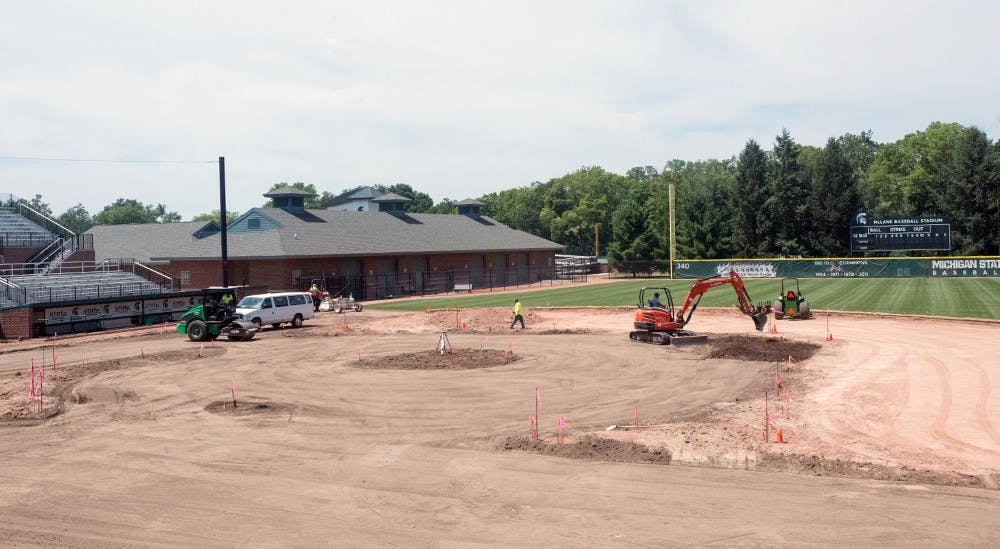 <p>Construction is underway July 28, 2015 at the McLane Baseball Stadium. Heating coils will be placed underneath the playing surface to allow teams to use the field during the colder months. Catherine Ferland/ The State News</p>