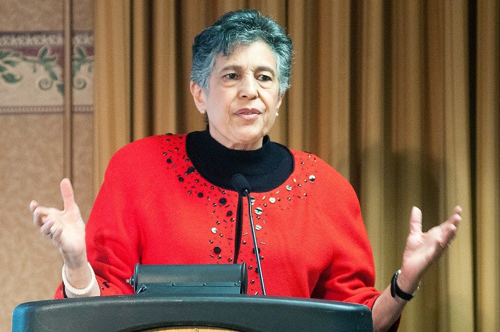 <p><span class="caps">MSU</span> alumna and the youngest member of the Little Rock Nine Carlotta Walls LaNier speaks to students and members of the community on Sunday, Nov. 18, 2012, at the Union. LaNier came to <span class="caps">MSU</span> to speak at the 10th annual Women’s Leadership Conference. James Ristau/The State News</p>