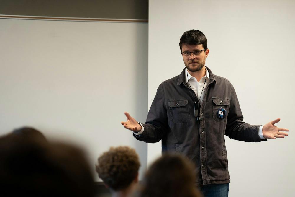 <p>Will Lawrence speaks with students at the MSU Dems meeting in East Lansing, Mich., on Sept. 15, 2026.</p>