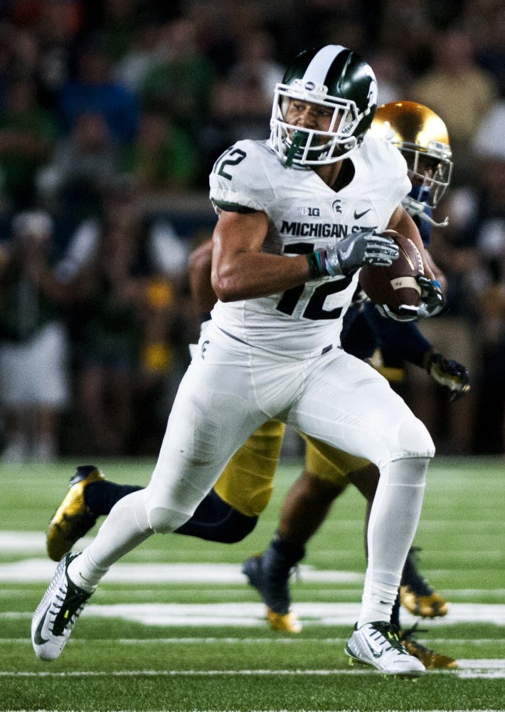 Senior wide receiver R.J. Shelton (12) runs down the field during the game against Notre Dame on Sept. 17, 2016 at Notre Dame Stadium in South Bend, Ind.  The Spartans defeated the Fighting Irish, 36-28. 