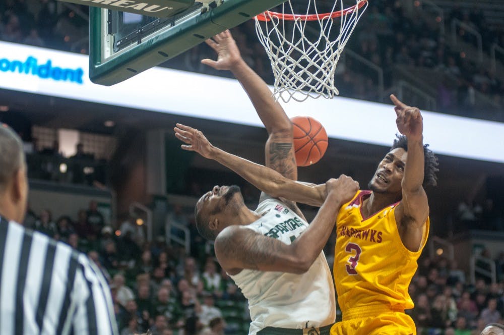 Junior forward Nick Ward (44) shoots the ball during the game against University of Louisiana-Monroe at Breslin Center on Nov. 14, 2018. The Spartans lead the Warhawks at halftime, 35-29.