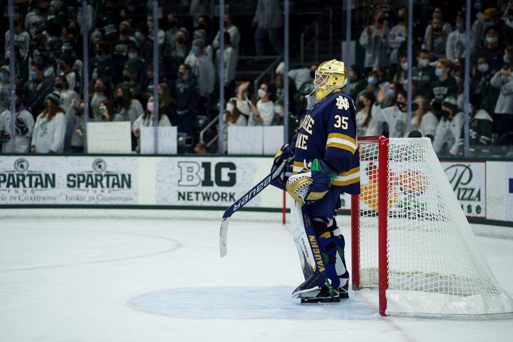 <p>Notre Dame goalie graduate student Mathew Galajda watching the puck in the third period on Feb.<br/>18, 2022. Spartans lost 2-1 against Notre Dame.</p><p><br/><br/><br/><br/><br/><br/></p>