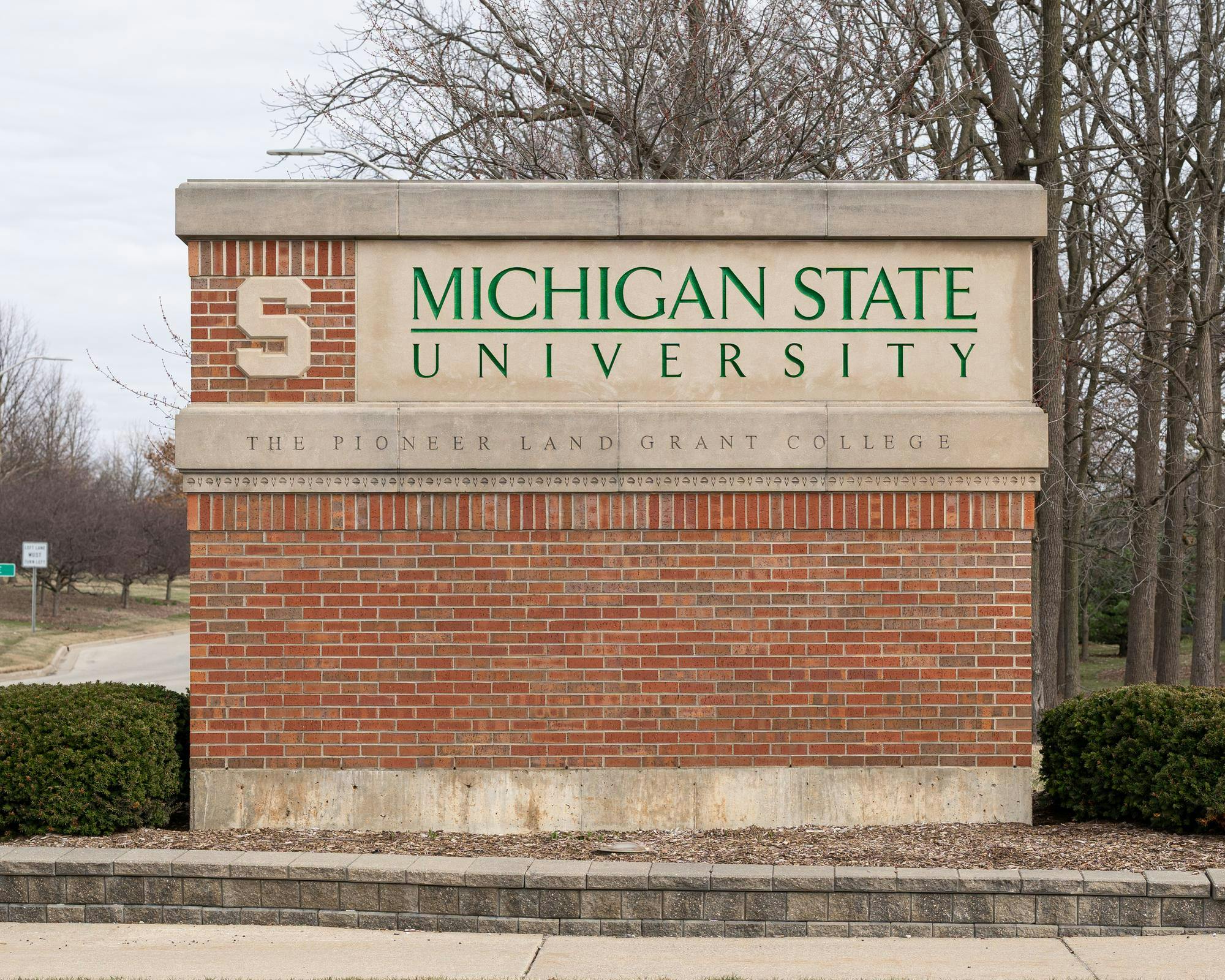 <p>The Michigan State University sign on the corner of Trowbridge Rd. and S Harrison Rd. in East Lansing, MI on March 10, 2026.</p>