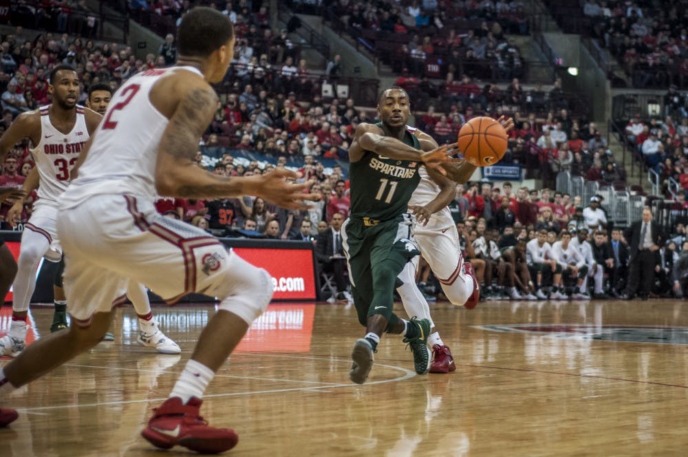 Junior guard Lourawls Nairm Jr. (11) passes the ball during the game against Ohio State on Jan. 15, 2017 at the Jerome Schottenstein Center. The Spartans were defeated by the Buckeyes, 67-72.