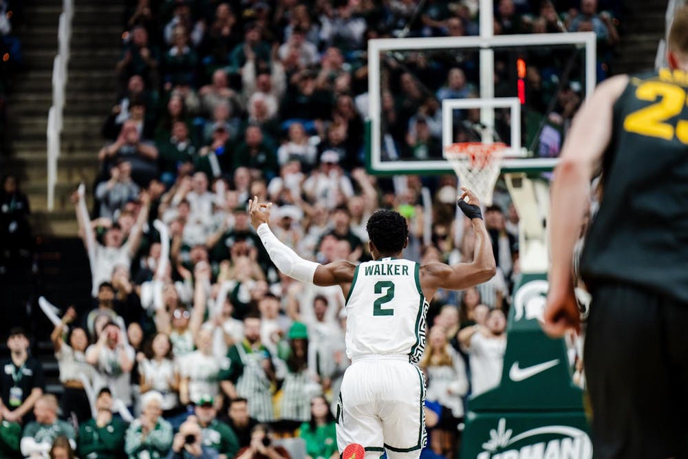 <p>Graduate guard No. 2 Tyson Walker secures an early lead with a three-pointer against the University of Iowa at the Breslin Center on Feb. 20, 2024. Michigan State lost to the University of Iowa 78-71.</p>