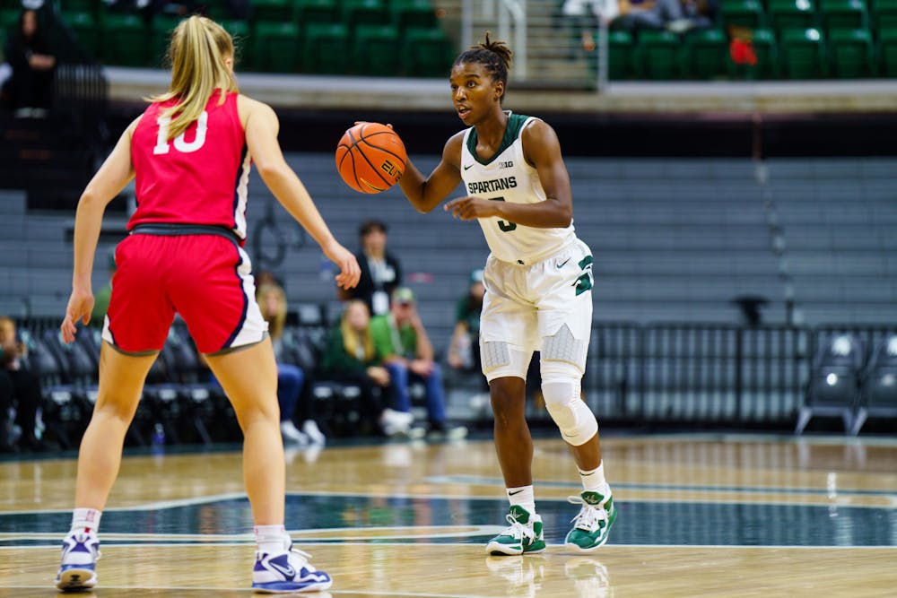 Graduate Student guard Kamaria McDaniel during an exhibition game against Saginaw Valley State University at the Breslin Center on Oct. 30, 2022. The Spartans defeated the Cardinals 90-56.