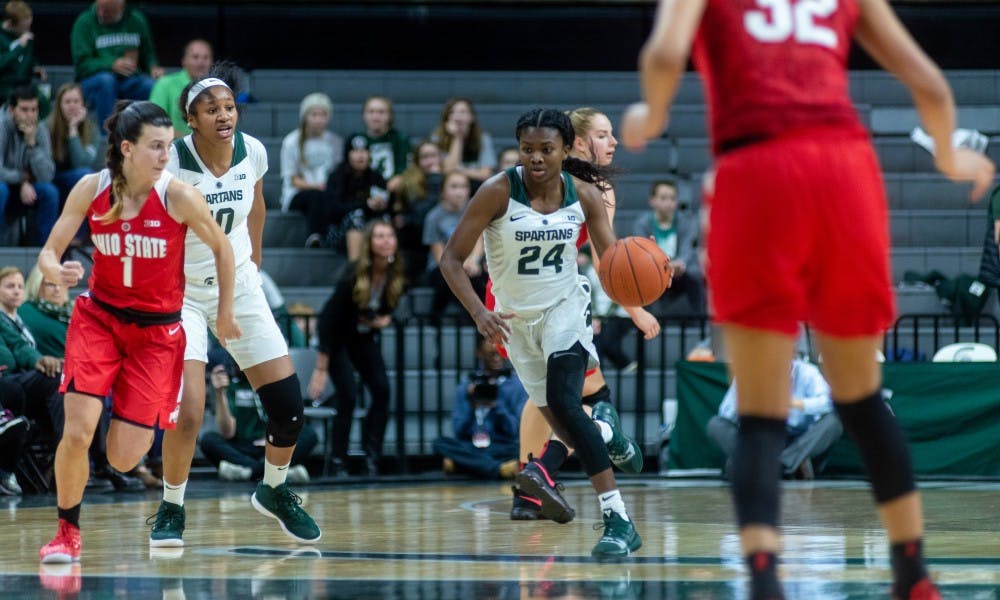 Freshman guard Nia Clouden (24) carries the ball up the court against Ohio State. The Spartans lost to the Buckeyes, 70-77, on Feb. 21, 2019 at the Breslin Center.